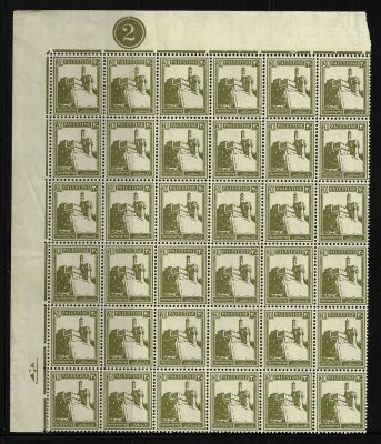 לוט 36 בולי פלשתינה מסדרת PICTORIALS, שנים 1927-1945, בלוק ענק עם שובלים שמאלי, עליון ומספר 