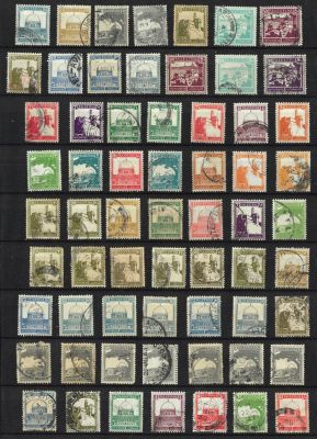 לוט גדול של 63 בולי פלשתינה מסדרת PICTORIALS, שנים 1927-45, כולל עריכים גבוהים. לא ממוין, מצב USED