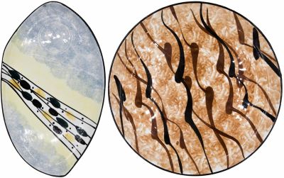 פלקרמיק - לוט שתי צלחות פלקרמיק: 1. צלחת אובלית לעוגה איורים מופשטים בעבודת יד, מידות: 26 ס"מ על 