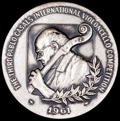 מדליה עשויה כסף, התחרות הבינלאומית השלישית לצ'לו ע"ש פאבלו קזלס, 1961, כסף סטרלינג 935, משקל: 