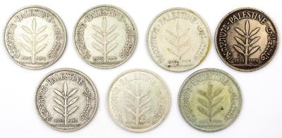 לוט 7 מטבעות 100 מיל מנדט: 1. חמישה מטבעות - 1935. 2. שני מטבעות - 1939