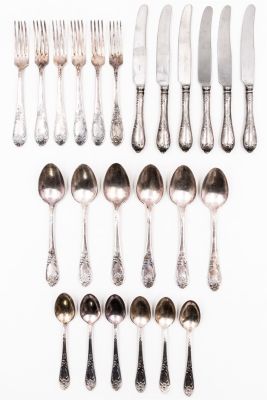 סכו״ם אירופאי בציפוי כסף, סט מושלם - 6 סכינים, 6 מזלגות, 6 כפיות ו-6 כפות