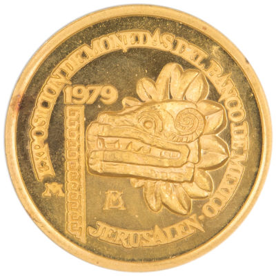 מדליית זהב ישראל-מכסיקו, תשל"ט, זהב 900, 38 מ"מ, משקל: 34.5 גרם. כמות הנפקה: 2050. ממוספרת: 