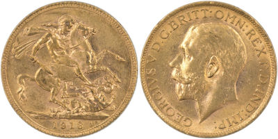 מטבע זהב סוברן, (sovereign), ג'ורג' החמישי, 1913, משקל: 7.98 גרם