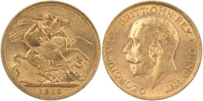 מטבע זהב סוברן, (sovereign), ג'ורג' החמישי, 1913, משקל: 7.98 גרם