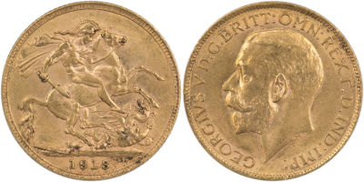 מטבע זהב סוברן, (sovereign), ג'ורג' החמישי, 1913, משקל: 7.98 גרם