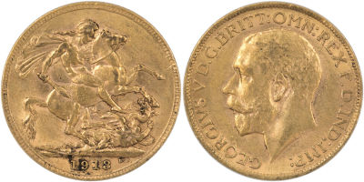 מטבע זהב סוברן, (sovereign), ג'ורג' החמישי, 1913, משקל: 7.98 גרם