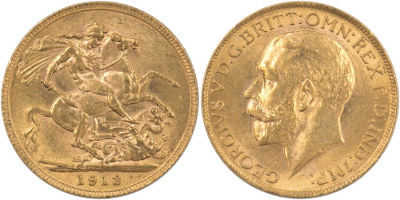 מטבע זהב סוברן, (sovereign), ג'ורג' החמישי, 1913, משקל: 7.98 גרם