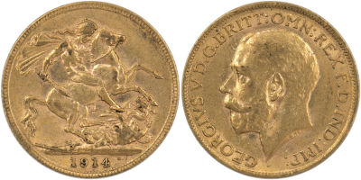 מטבע זהב סוברן, (sovereign), ג'ורג' החמישי, 1914, משקל: 7.98 גרם