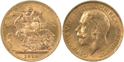 מטבע זהב סוברן, (sovereign), ג'ורג' החמישי, 1914, משקל: 7.98 גרם