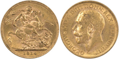 מטבע זהב סוברן, (sovereign), ג'ורג' החמישי, 1914, משקל: 7.98 גרם