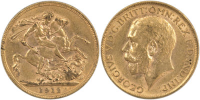 מטבע זהב סוברן, (sovereign), ג'ורג' החמישי, 1912, משקל: 7.98 גרם