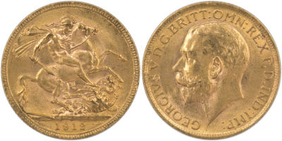 מטבע זהב סוברן, (sovereign), ג'ורג' החמישי, 1912, משקל: 7.98 גרם
