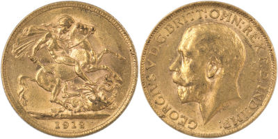 מטבע זהב סוברן, (sovereign), ג'ורג' החמישי, 1912, משקל: 7.98 גרם