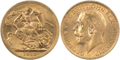 מטבע זהב סוברן, (sovereign), ג'ורג' החמישי, 1912, משקל: 7.98 גרם