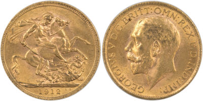 מטבע זהב סוברן, (sovereign), ג'ורג' החמישי, 1912, משקל: 7.98 גרם
