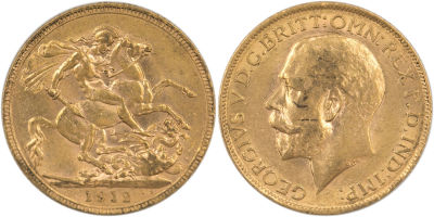 מטבע זהב סוברן, (sovereign), ג'ורג' החמישי, 1912, משקל: 7.98 גרם