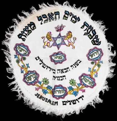 כיסוי למצות, עשוי בד ועליו הדפסים צבעוניים, כיתובים ואיורים. לשנה הבאה בירושלים הבנויה, לא 