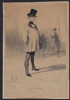 תחריט צרפתי מוקדם ובו דמות אשר מאחוריה מתנהל מסחר בחפצי יוקרה תכשיטים וכלי כסף. קרע קטן בשוליים. 