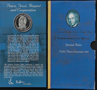 מדלית זכרון מכסף סטרלינג, יצחק רבין זוכה פרס נובל, המטבעה המלכותית הנורבגית, בפולדר המקורי 