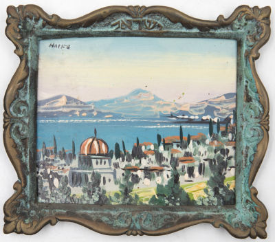ציור של חיפה והמפרץ, נתון במסגרת ברונזה. שאריות מדבקת מס קניה. מידות: 16 ס"מ * 14 ס"מ