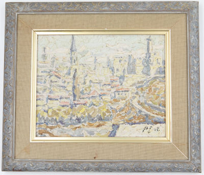 שמואל לב - שמן על דיקט, מראה ירושלים מהר הזיתים, חתום. ממוסגר. מידות כולל מסגרת: 37 ס"מ * 32 ס"מ