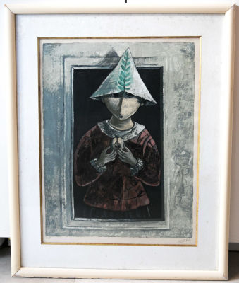 יוסל ברגנר - ליטוגרפיה, אשה בחלון עם כלי מטבח, חתומה בעיפרון - יוסל ברגנר, A.P. ממוסגרת. מידות כולל 