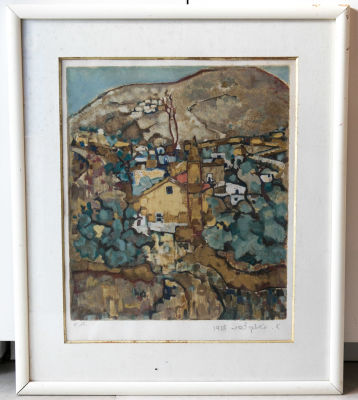 אביגדור סטימצקי - ליטוגרפיה, צפת, חתומה בעיפרון - א. סטימצקי, צפת, 1928, E.A. ממוסגרת. מידות כולל 