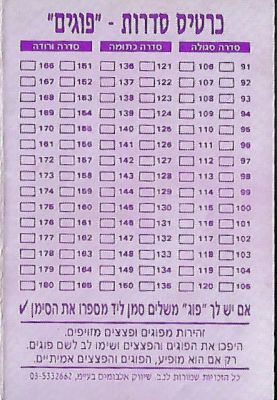 פוגים - כרטיס סדרות פוגים, שיצא בסדרה הראשונה ושימש את האספנים לקיטלוג החוסרים שלהם. הכרטיס במצב 