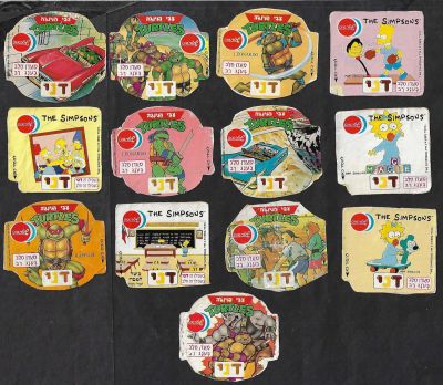 לוט 13 מדבקות מעדן חלב דני, חברת שטראוס, הכולל את הסימפסונים וצבי הנינג'ה. מצבים שונים, חלקם 