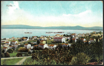 גלויה מפרץ חיפה, 1908, נושאת זוג בולים צרפתיים לבנט וחותמת חיפה CAIFFA SYRIE, נשלחה לצרפת. על 