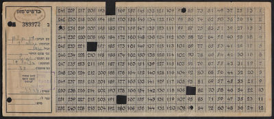 כרטיס מזון מחיפה, 1949, גדול ומרשים. חותמת של בית עסק בו נעשה שימוש בכרטיס, מאחור מודפסות ההוראות. 