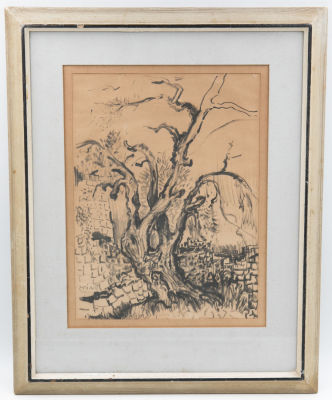 יוסף קוסונוגי - ציור מאת יוסף קוסונוגי, טוש על נייר, זיץ משקיף על צפת, חתום. מידות כולל מסגרת: 51 