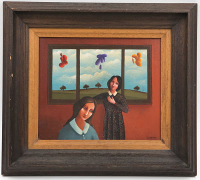 יהודה סיבוני - ציור מאת יהודה סיבוני, שמן על דיקט, ארץ הבלונים האבודים, חתום. מידות כולל מסגרת: 33 