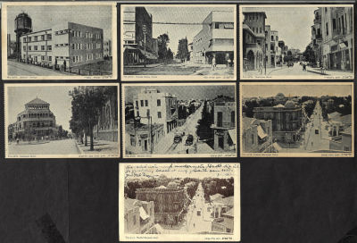 תל אביב - לוט 7 גלויות של תל אביב: רחוב מונטיפיורי, גימנסיה בלפור, רחוב נחמני, רחוב שינקין, 2 נחלת 