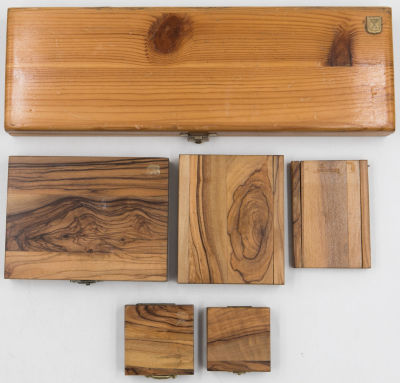 לוט 6 קופסאות לאחסון מטבעות ומדליות, עשויות עץ זית, מידות שונות