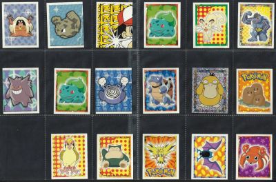 פוקימון - לוט 17 קלפים של אלבום פוקימון, דור 1, הוצאת מרלין/טופס, 1995, שונים זה מזה, דבק מקורי 