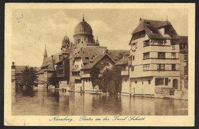 גלויה של בית הכנסת הגדול בנירנברג. בית כנסת זה עמד על תילו בכיכר המרכזית של רובע גרינדל בשנים 