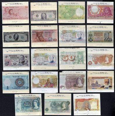 לוט 19 עטיפות מסטיק, סדרת שטרות ישראל ועולם, שנות השישים. עטיפות פתוחות. מצבים טובים