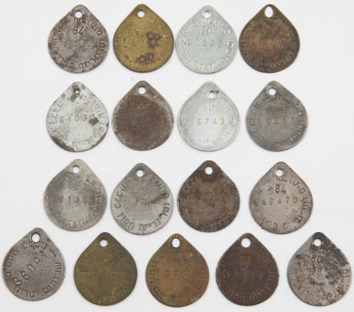 לוט 17 תגי כלבים, שנים שונות, חומרים שונים