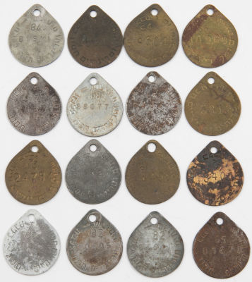 לוט 16 תגי כלבים, שנים שונות, חומרים שונים