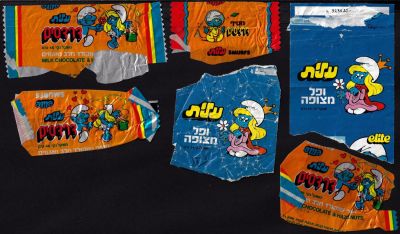 הדרדסים - לוט עטיפות של שוקולד עלית ממתוגות סדרת הדרדסים משנות השמונים: 4 חטיפי שוקולד חבל ואגוזים 