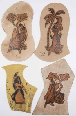 לוט 4 תמונות תבליטי עץ של דמויות תנ"כיות, עבודת יד, שילוב עץ וחול, בית המלאכה דפנה, חלקן 