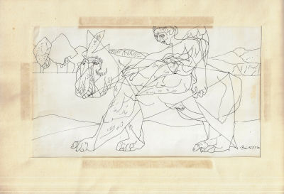 בלה באן - רישום מאת בלה באן BELA BAN, לרכב על האריה, דיו על נייר, מוצמד לפספרטו, 1969, חתום ומתוארך. 