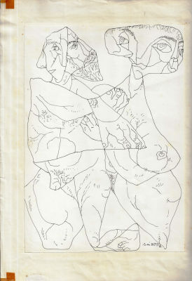 בלה באן - רישום מאת בלה באן BELA BAN, חיבוק, דיו על נייר, מוצמד לפספרטו, 1969, חתום ומתוארך. מידות 