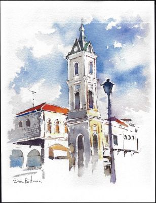 מגדל השעון - הסקיצה המקורית לבול של זינה רויטמן לבול של מגדל השעון ביפו, חלק מסדרת בולי מגדלי שעון 