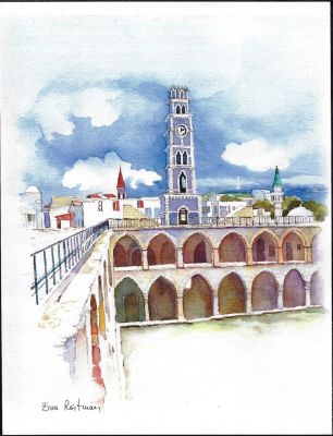 מגדל השעון - הסקיצה המקורית לבול של זינה רויטמן לבול של מגדל השעון בעכו, חלק מסדרת בולי מגדלי שעון 