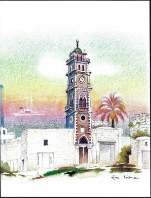 מגדל השעון - הסקיצה המקורית לבול של זינה רויטמן לבול של מגדל השעון בחיפה, חלק מסדרת בולי מגדלי 