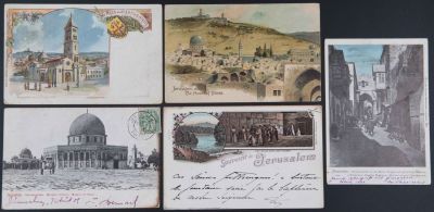 ירושלים - לוט 5 גלויות פלשתינה, ירושלים, כולן בלתי מחולקות ועברו בדואר, אזור ראשית המאה שעברה