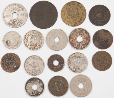 לוט 17 מטבעות עותומנים ומצרים שהיו בשימוש בארץ ישראל, כולל: 1,2,5,10 מילימס מצרי מתקופת המנדט ועוד